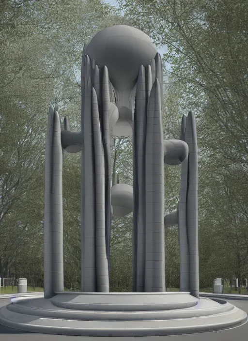 Image similar to highly detailed realistic architecture 3 d render of a futurisctic stele monument in the atomium brussels style standing near a highway, archdaily, made in unreal engine 4 octane render