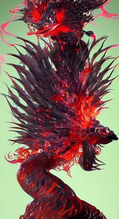 Prompt: 3 d highly detailed mythical female creature made of volcanic lava stones and magma with long hair of flames and beautiful eyes. beautiful intricately detailed japanese crow kitsune mask and classical japanese kimono. betta fish, jellyfish phoenix, bio luminescent, plasma, ice, water, wind, creature, artwork by tooth wu and wlop and beeple and greg rutkowski