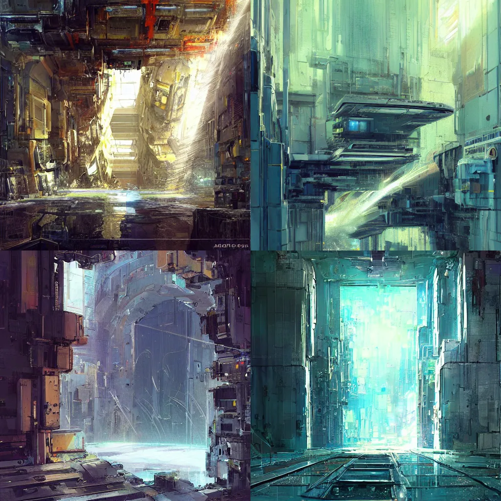 Prompt: a rectangular doorway in the middle surrounded by complex machinery in a concrete room is a portal to another dimension. the doorway is shooting out streams. in the style of john berkey. trending on artstation and deviantart. digital art. sci - fi liminal space.