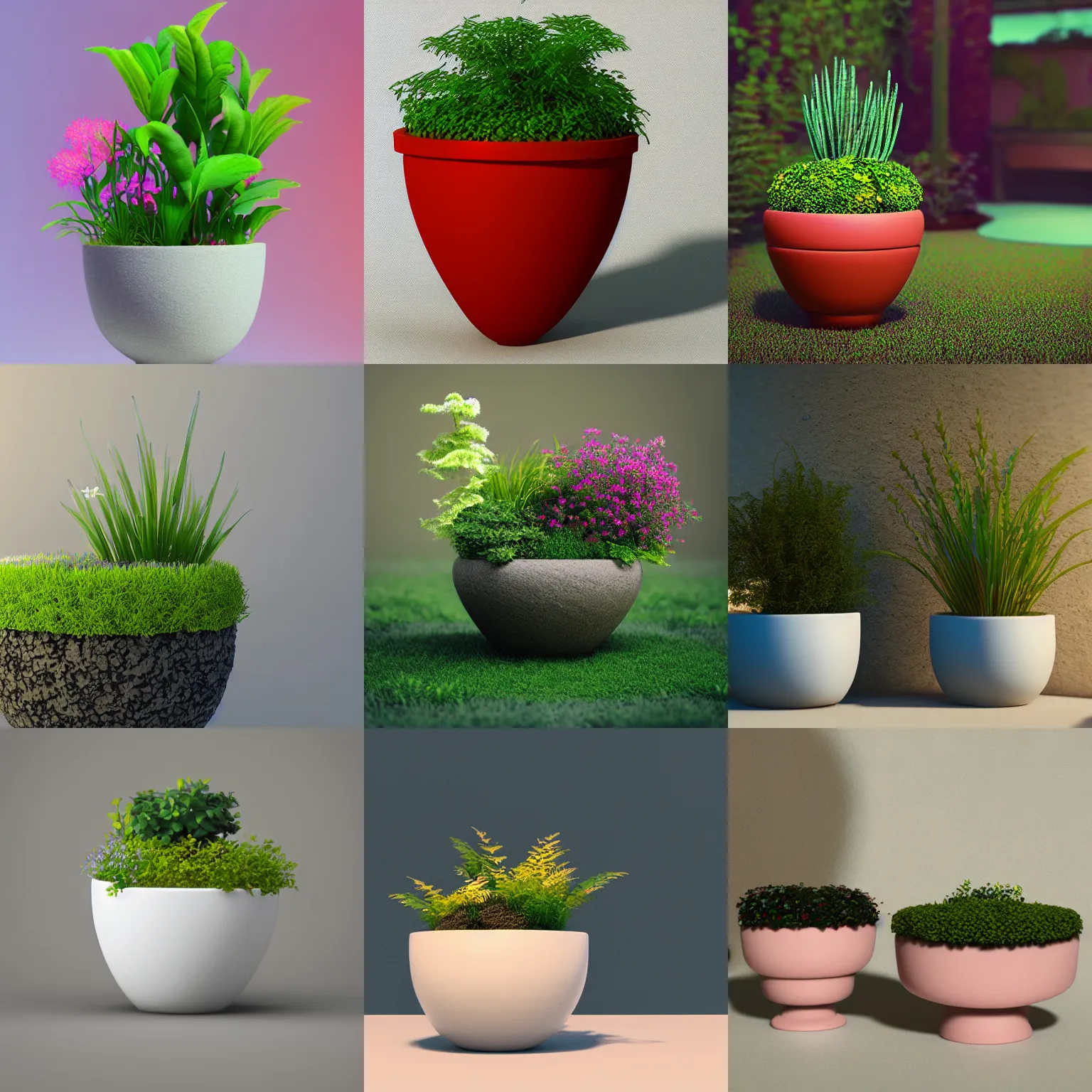 Prompt: a stylized small planter with a secret garden, 3 d render, color gradients, soft light, a warm blurred background, octane