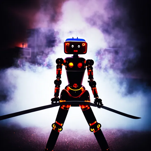 Image similar to robot woman fire dance holding katana, detailed pose energy, shibuya prefecture, cinematic lighting, fog mist smoke, photorealistic, night photography by tomino - sama