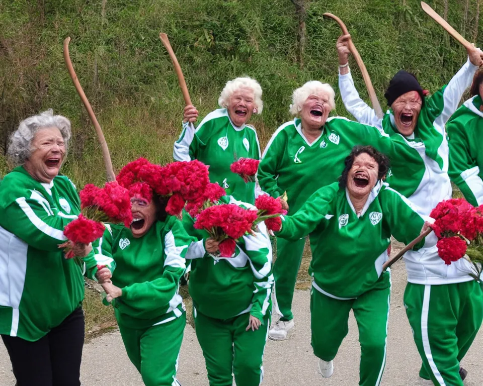 Image similar to a gang of old ladies waving machetes, and carrying flowers, and wearing green and white Umbro track suits, with blood splatters laughing maniacally and screaming