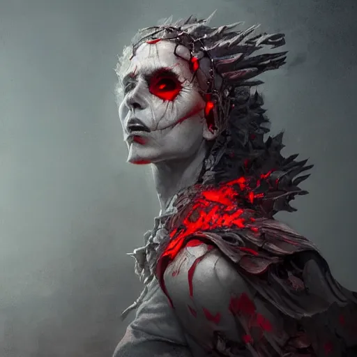 Image similar to a beautiful portrait of a creepy ancient elderly necromancer queen, embers, skeletal, red-fabric, red-eyes, grey-skin, by Greg Rutkowski and Raymond Swanland, Trending on Artstation, ultra realistic digital art