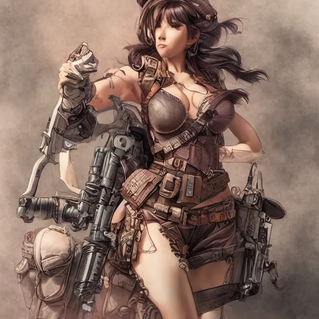 Image similar to the portrait of lawful neutral semi - colorful female infantry gunner as absurdly beautiful, gorgeous, elegant, young gravure idol, an ultrafine hyperdetailed illustration by kim jung gi, irakli nadar, intricate linework, bright colors, octopath traveler, final fantasy, unreal engine 5 highly rendered, global illumination, radiant light, detailed and intricate environment