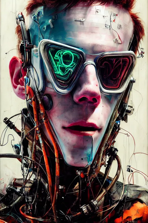 Image similar to cameron monaghan as a cyberpunk hacker, wires cybernetic implants, by adrian ghenie, esao andrews, jenny saville, james jean, dark art