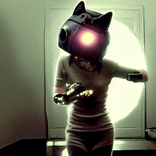 Image similar to movie still of a girl with a cyborg cat helmet, cinematic composition, cinematic light, by edgar wright and david lynch