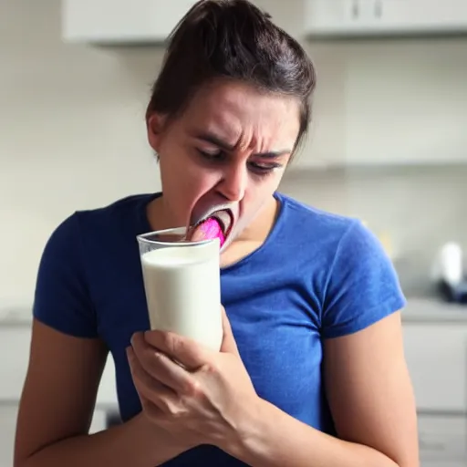 Prompt: person unable to drink milk properly, while spilling it out of their mouth