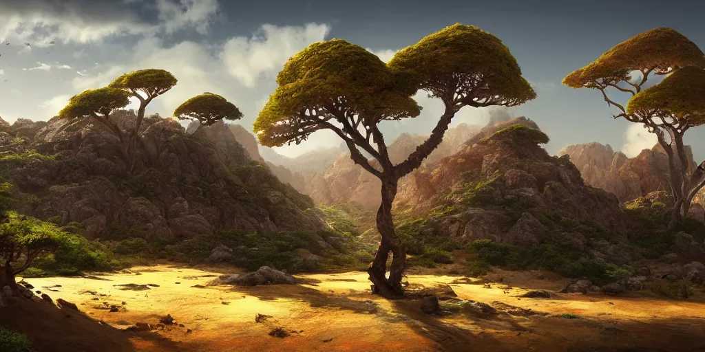 Image similar to Lively landscape of a socotra island filled with socotra dragon trees, realistic detailed digital art by Maxwell Boas Jessica Rossier Christian Dimitrov Anton Fadeev trending on Artstation CGSociety rendered in Unreal Engine 4k HQ