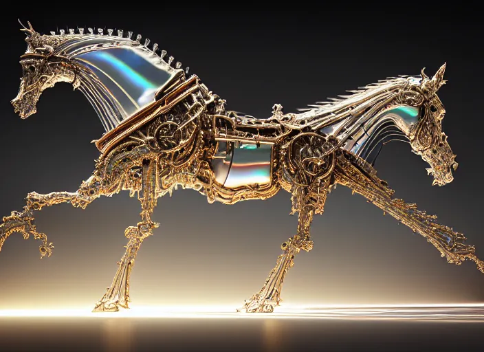 Prompt: ceremonial horse drawn stagecoach, white pearlescent, chrome, iridescent titanium, crystal, liquid gold, copper, bronze hybrid biomechanical architecture, cinematic, crystalline masterpiece incrustations, hyperdetailed metalwork, in volumetric soft glowing mist, movie still, octane render, pixar, crepuscular rays,