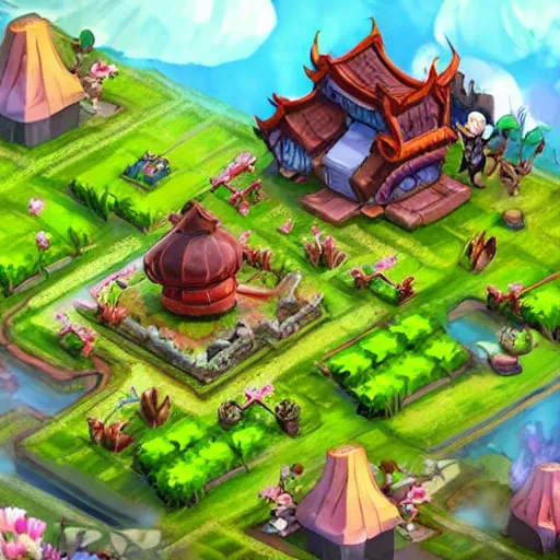 Image similar to concept of a farming mobile game with fantasy style, clash of clan style, vietnam inspiration, pastel color, relax, in the country side