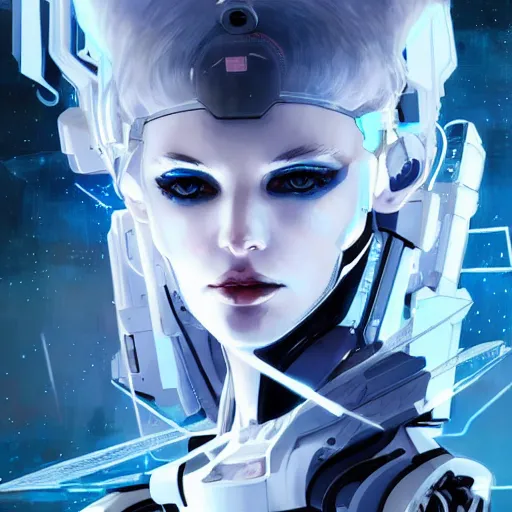 Image similar to Beautiful cyborg angel girl, blue eyes, white hair, front light, clear skin, futuristic room background, excellent composition, decorations, innocent look, high quality, highly detailed, scifi, trending on ArtStation, art by Minjae Lee, Kim Sang-Hui