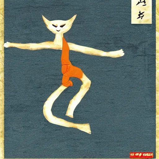 Image similar to karate kid kitten!!!! Doing a crane kick, in style of 80s movie montage, blur, kanji writing background,