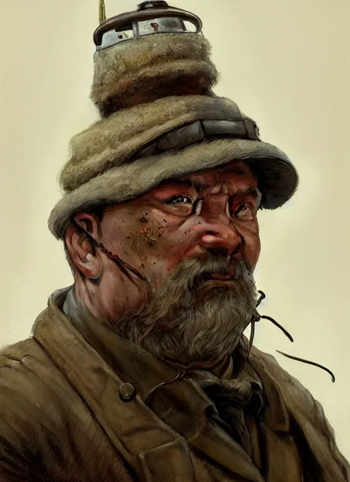 Prompt: a russian railroad electrician!!!, siberia!!, portrait, intricate, dirty, fat, ugly, highly detailed, digital painting, artstation, concept art, wallpaper, smooth, sharp focus, illustration, art by artgerm and greg rutkowski and alphonse mucha