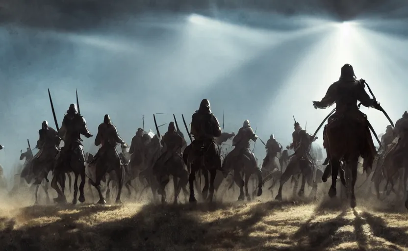 Prompt: dramatic cinematic artwork of a medieval commander leading a cavalry charge with his sword raised by greg rutowski, sun rays