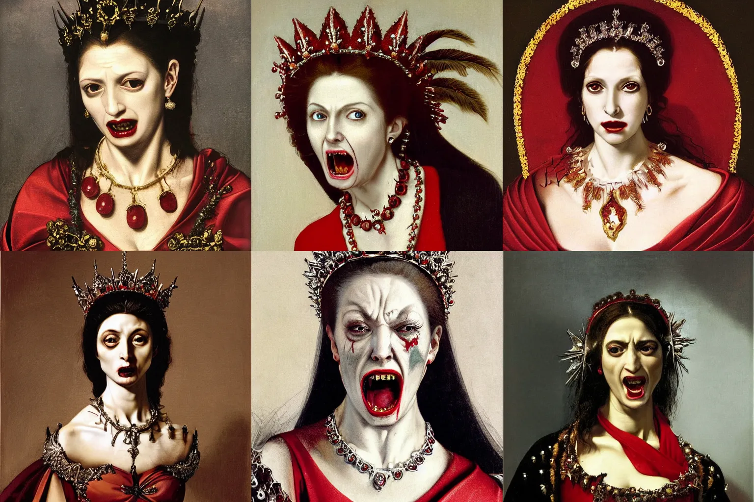 Image similar to A extremely highly detailed majestic hi-res beautiful immaculate head and shoulders painting of a angry, bloody vampire woman with fangs, filled with hatred and rage, crying tears of red blood wearing a long royal red silk dress, the crown jewels is on her head and around her neck is a ornate golden necklace decorated with diamonds and rupees smiling by Michelangelo Merisi da Caravaggio, high detail, hyperrealistic, photorealistic, octante render, cinematic, high textures, royaltly, royal, hyper sharp, 4k insanely detailed and intricate, hypermaximalist, 8k, hyper realistic, super detailed, 4k HDR hyper realistic high,