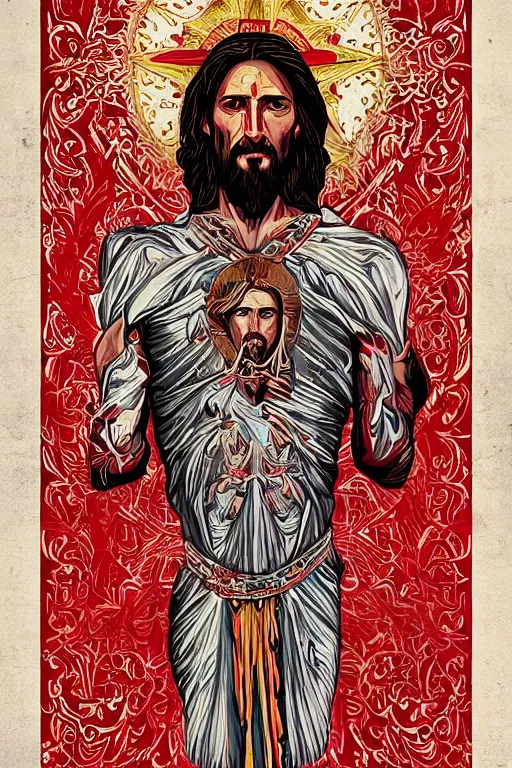 Image similar to blooded jesus christ on mayheim crosses. symmetrical anatomy, very intricate, digital design, perfect details, pop art style, colorful, accompanied by body, pure image without duplication, dribble popular, trending on arstation, drawn by ilya kuvshinov and darbotz and vinicius gud and gustavo zambelli, intricate, ultra high definition.