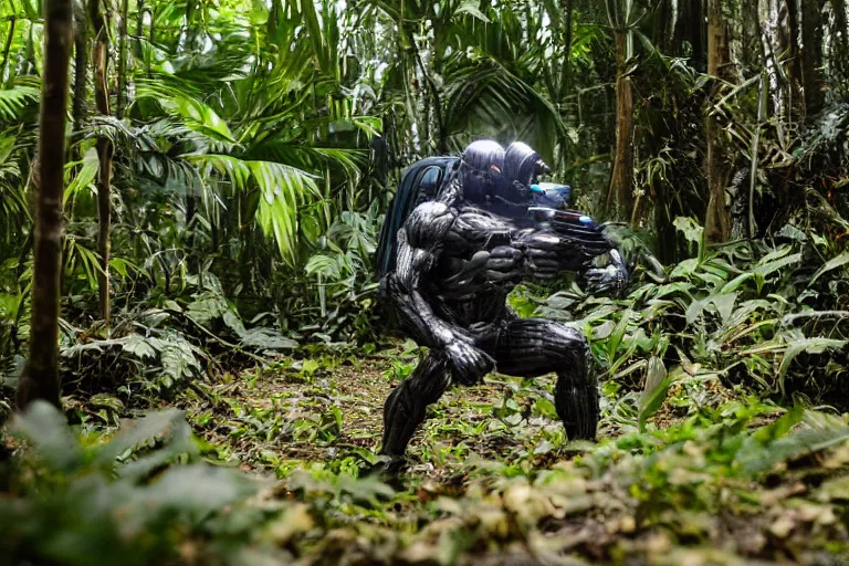 Image similar to Crysis Nanosuit shooting at enemies in a jungle combat photography 2022, Canon EOS R3, f/1.4, ISO 200, 1/160s, 8K, RAW, unedited, symmetrical balance, in-frame,