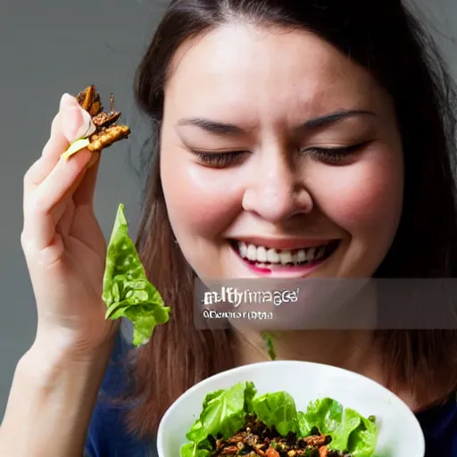 Image similar to a woman eating a salad made entirely of insects. close up photograph.