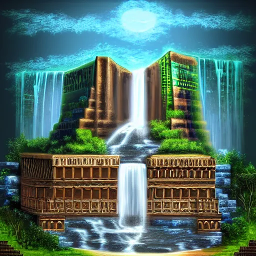 Image similar to old babylonian structure with waterfalls, retrowave epic art, trending on art station