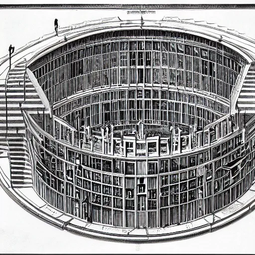 Image similar to hyper detailed architectural drawing of a panopticon