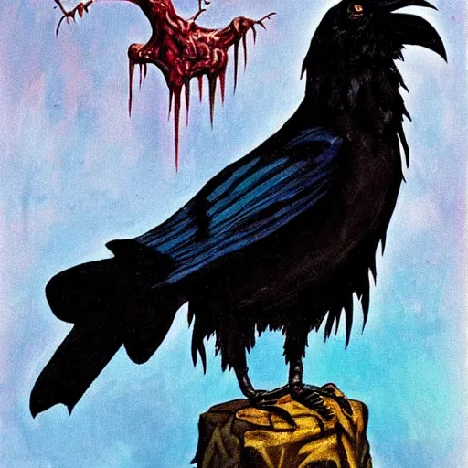 Prompt: fantasy painting of a raven by dr seuss | horror themed | creepy