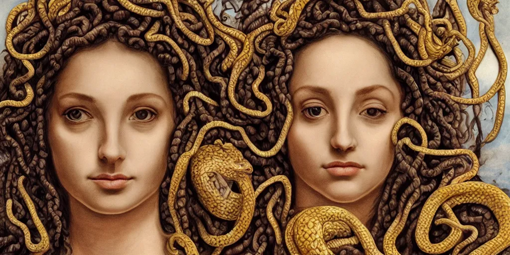 Image similar to realistic portrait of beautiful medusa with her snakes, golden, delicate, facing camera, hyper realism, 1 4 5 0, ink, ultra realistic, 8 k
