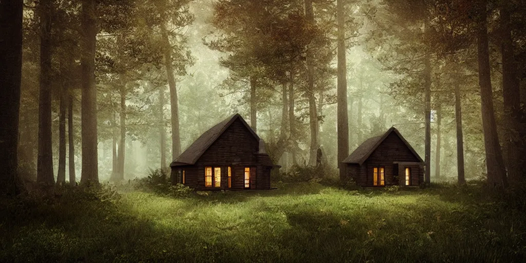 Image similar to a cottage in the woods and empty woods, fantasy, hyper realistic, dramatic lighting, 8k