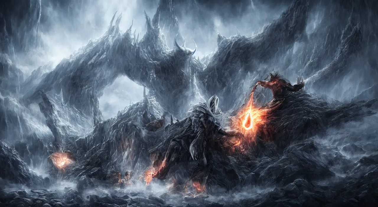 Image similar to god fighting the devil, dark, fiery, mines of moria, lord of the rings aesthetic, in style of alan lee, cinematic, cinematic lighting, octane render, motion blur, highly detailed