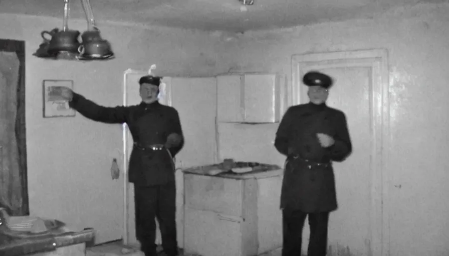 Image similar to a wax man in a stalinist style kitchen, by mini dv camera, very very low quality, heavy grain, very blurry, accidental flash, webcam footage, found footage, security cam, caught on trail cam