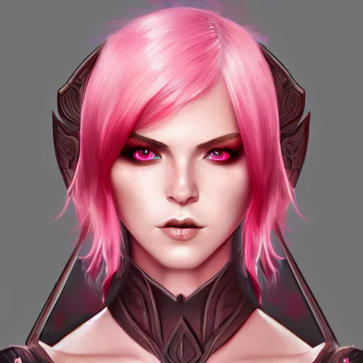 Image similar to half elf woman, beautiful, short pink hair, deep crimson eyes, digital art, smooth, character drawing, artstation, highly detailed, symmetry