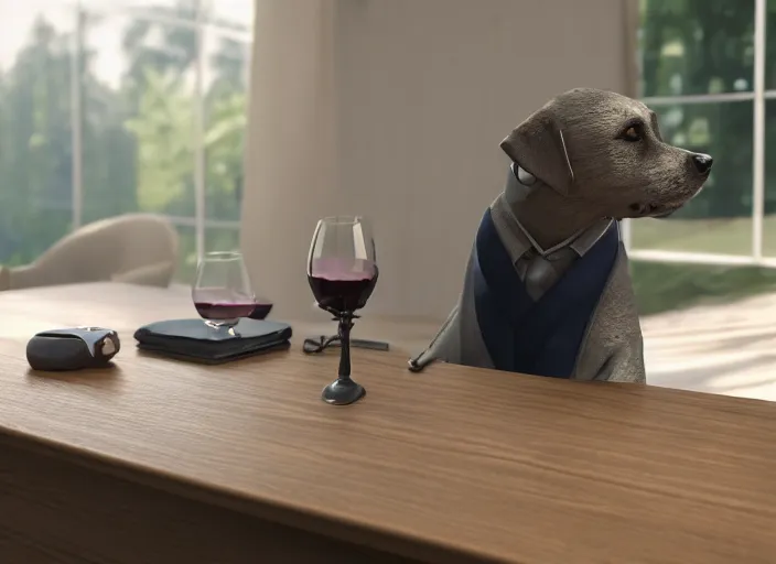 Image similar to a portait picture of a dog wearing a formal suit near a table with a cup of wine, concept art, octane render, unreal engine 5, 4K, symmetrical, low contrast, serene landscape, calm, relaxing, high quality, highly detailed, high coherence, path tracing, natural light, trending on DeviantArt