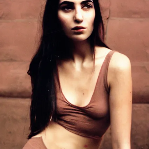 Prompt: 35mm film photo of an attractive cool alternative armenian woman in her early 20s. beautiful face. She has dark brown hair, dark thick eyebrows, brown eyes and shoulder long hair.