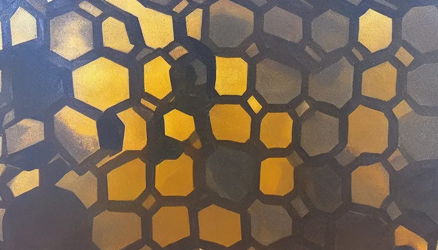 Image similar to shield made from hexagons in space, blocking the sun, art deco painting