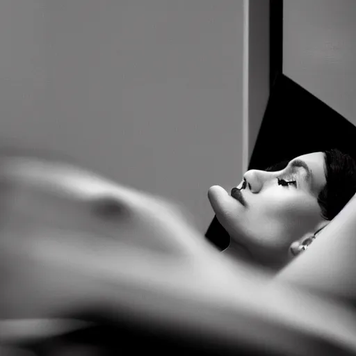 Image similar to a black and white artistic photography of a woman lying on a bed smoking a cigarette and looking at the window. Fashion photography, art installation, video art.