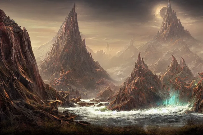 Image similar to the primordial Aztec chaos fantasy landscape by Jessica Rossier and HR Giger