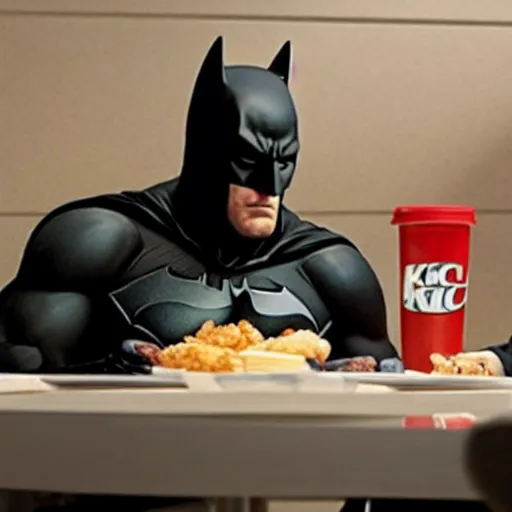 Prompt: A photo of Ben Affleck's Batman eating at KFC. Extremely detailed. Beautiful. 4K. Award-winning