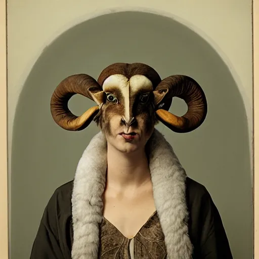 Prompt: woman with large curved mouflon ram horns from forehead in style of grays anatomy