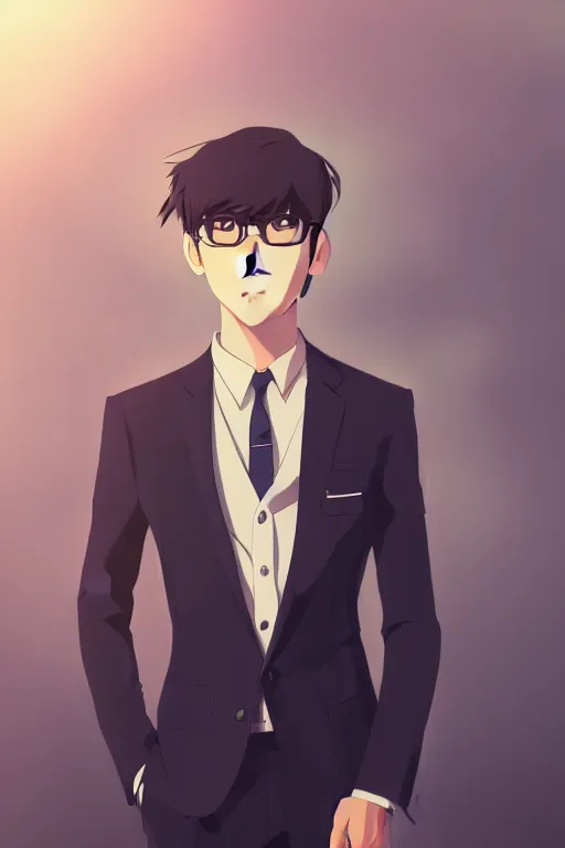 Prompt: portrait of a handsome young asian man in a suit, cool hairstyle, half body shot, trending on artstation, studio ghibli, makoto shinkai, visually stunning, beautiful background, cinematic dramatic atmosphere, sharp focus, volumetric lighting, cinematic lighting, studio quality