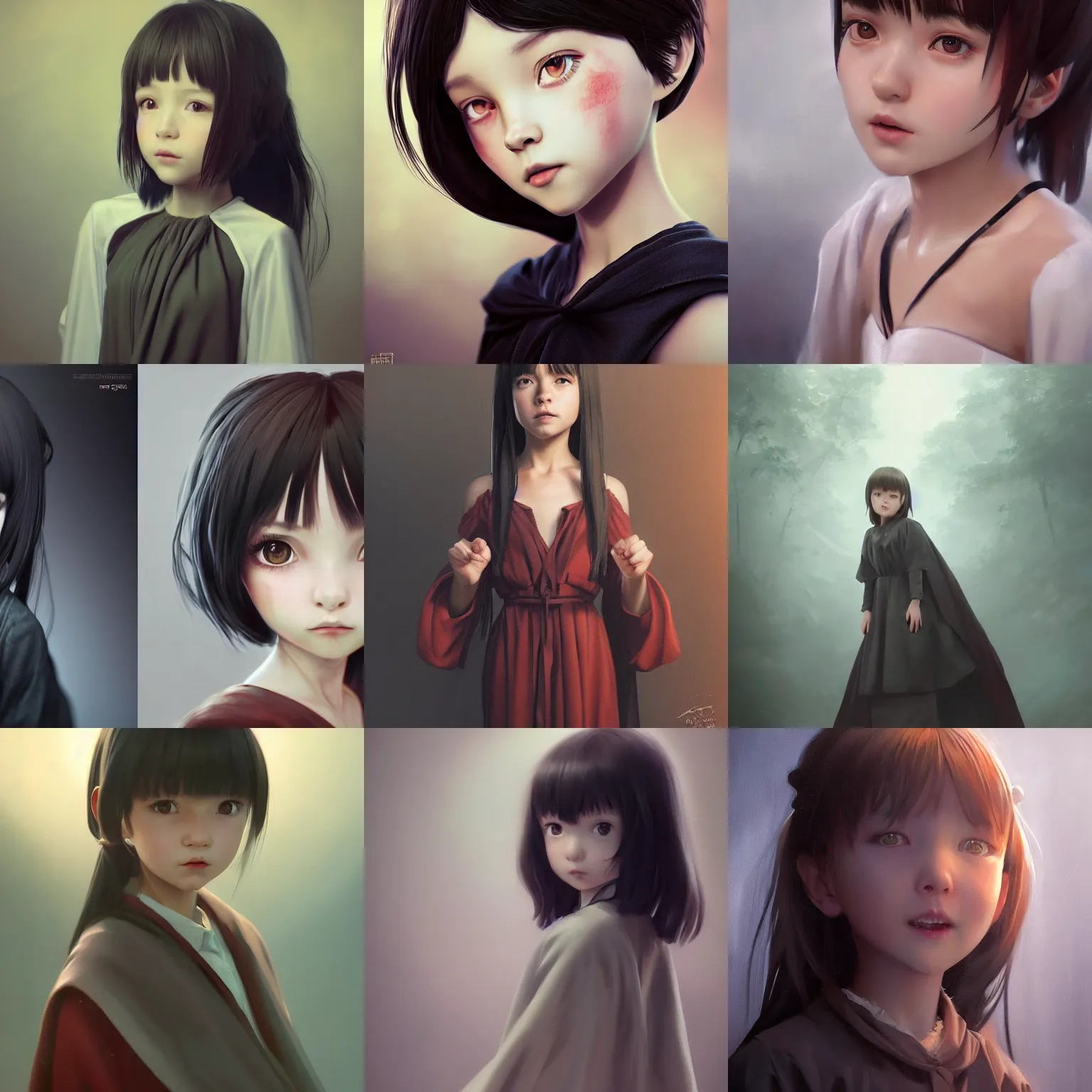 Image similar to realistic style at CGSociety by WLOP,ilya kuvshinov,krenz cushart,Greg Rutkowski,trending on artstation.Zbrush sculpt colored,Octane render in Maya,Houdini VFX.Realistic cute young girl who is dark disciple,expressing joy,wearing robe,silky hair, deep eyes.Oil painting.Cinematic dramatic atmosphere,sharp focus,soft volumetric studio lighting.