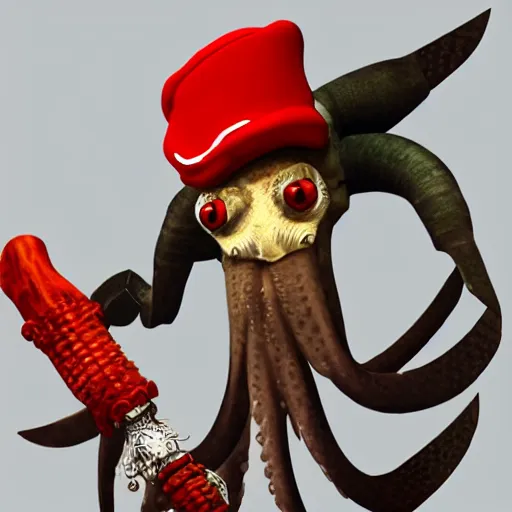 Image similar to harpy squid wearing a fez wielding a sword, realistic, very detailed, intricate, 8k res