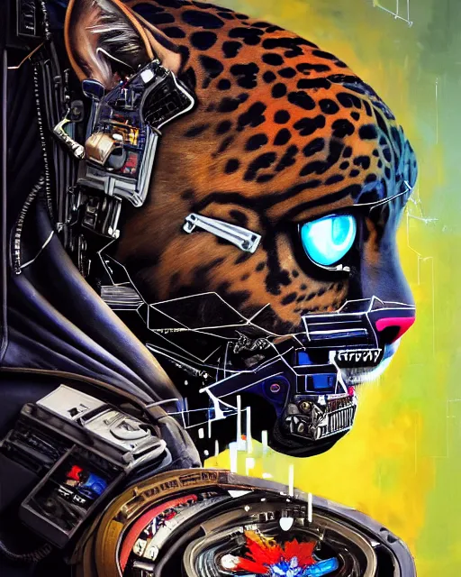 Image similar to a portrait of an anthropomorphic cyberpunk jaguar by sandra chevrier, by jon foster, detailed render, pistol in holster, tape deck, epic composition, cybernetics, 4 k realistic, cryengine, realistic shaded lighting, sharp focus, masterpiece, by enki bilal