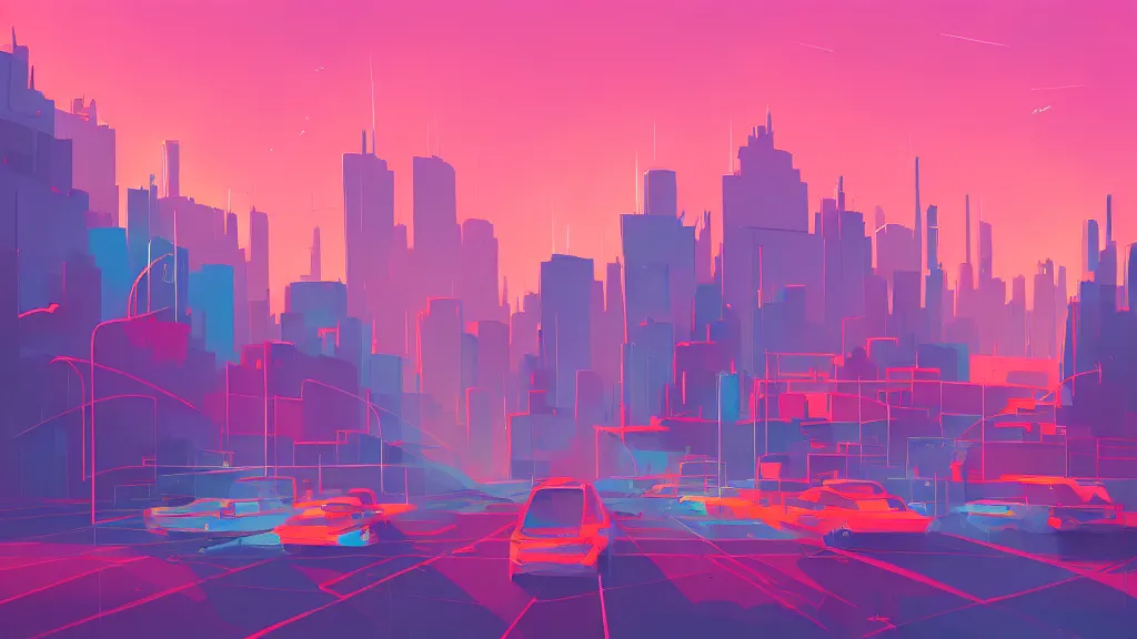 Prompt: downtown traffic, buildings, and lake, by anton fadeev