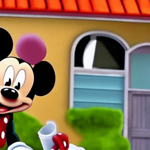 Image similar to Mickey Mouse coming to collect a debt, screenshot from a horror movie