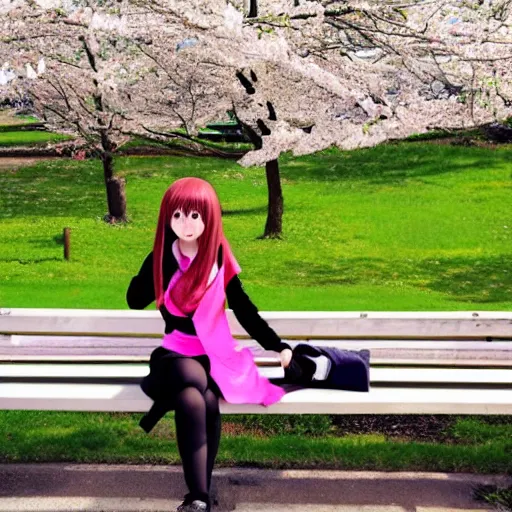 Prompt: anime girl sitting on a bench, highly accurate and proportional, spring time, cherry blossom in the background