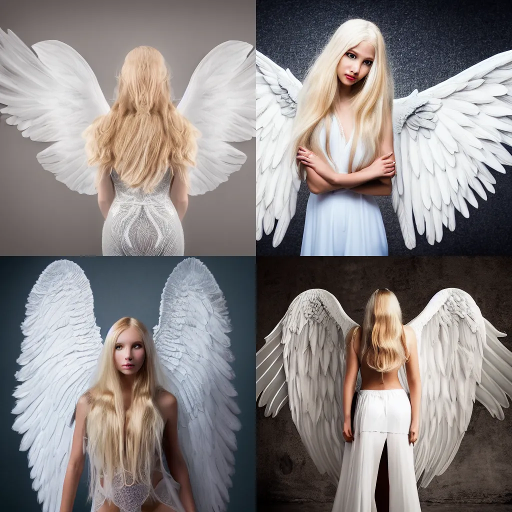 Prompt: an angel with long blond hair and giant wings, photography, sony a 7 r 4, 8 5 mm, softbox