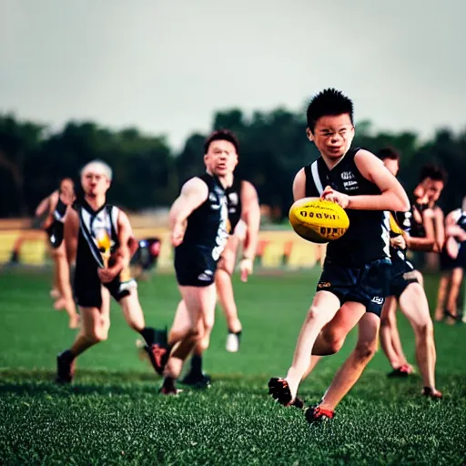 Prompt: Justin Sun kicking, baby flying through a field goal, professional Australian Rules Football photography