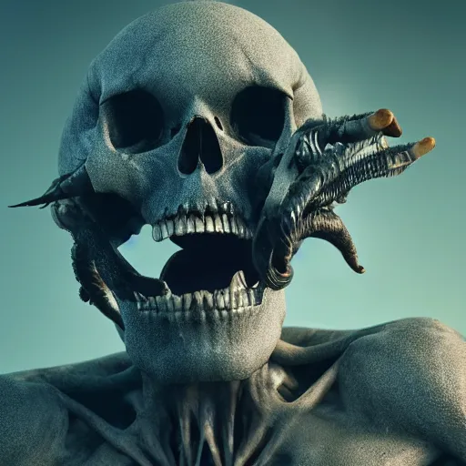 Prompt: realistic photo of a skull of a weird alien creature, intricate, bones, photorealistic, ultra detailed, realistic, 35mm, photography, octane, high definition, depth of field, bokeh, 8k, artstation