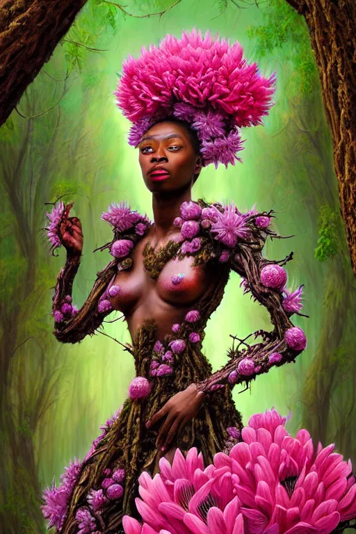 Image similar to hyperrealistic neo - rococo cinematic super expressive! yoruba goddess with exoskeleton armor, merging with tree in a forest, pink red flowers, highly detailed digital art masterpiece, smooth cam de leon eric zener dramatic pearlescent soft teal light, ground angle hd 8 k, sharp focus