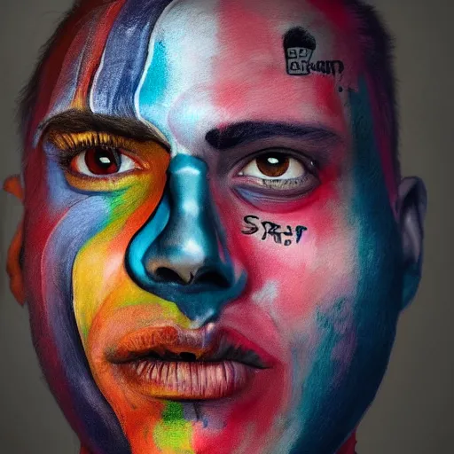 Image similar to a man with painted face and body art, a character portrait by sam spratt, featured on cgsociety, psychedelic art, detailed painting, behance hd, apocalypse art