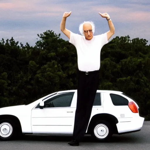 Prompt: larry david standing on roof of prius, in the style of andy worhol-n 5